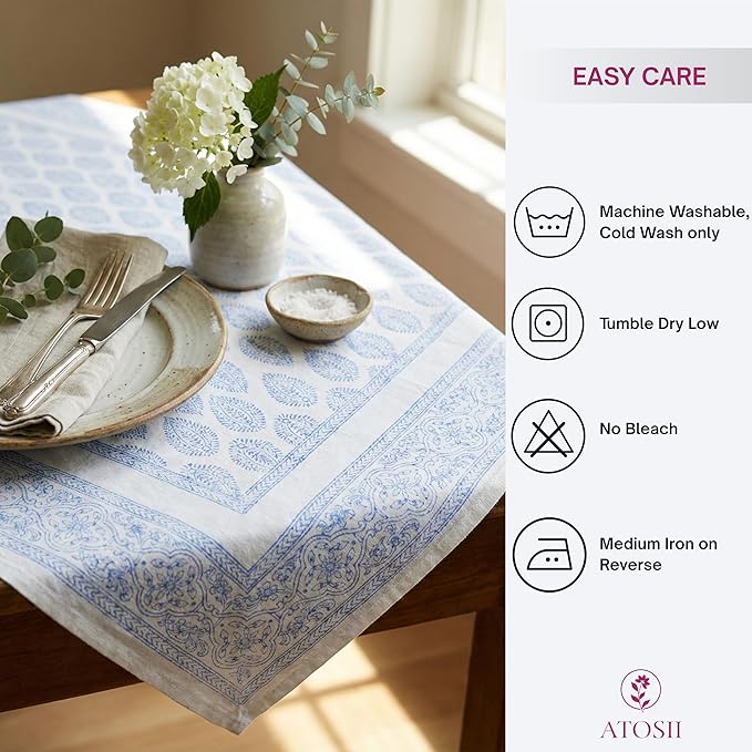 ATOSII Amalfi Blue 100% Cotton Boho Rectangle Fall Tablecloth, Handblock Print Table Cloth for Kitchen I Dining Table Linen Fall Décor I Parties Wedding Outdoors Summer I 72 X 108 Inches I 8 Seater