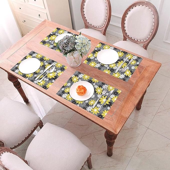 Placemats Set of 4 Vintage Daisy Place Mats Abstract White Yellow Floral Woven Table Mats Washable Black Grey PVC Placemat for Dining Kitchen Decor Indoor Outdoor, 12 x 18 Inch