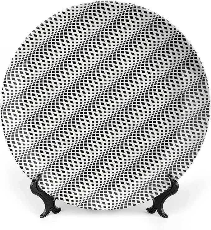 Ceramic Plates, Abstract Decorative Ceramic Plates, Wavy Rhombus Abstract Modern Monochrome Decor, 7 Inch, Household Plates Decorative, Black White