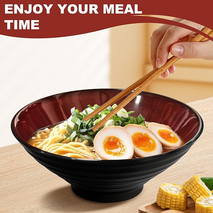 8-Inch 2 Sets Ceramic Ramen Bowl (8 Piece) - Japanese Porcelain Dishwasher Microwave Safe Salad Noodles Cereal Pasta Soup Large Bowls with Chopsticks Forks Spoons for Men Women Housewarming Gift