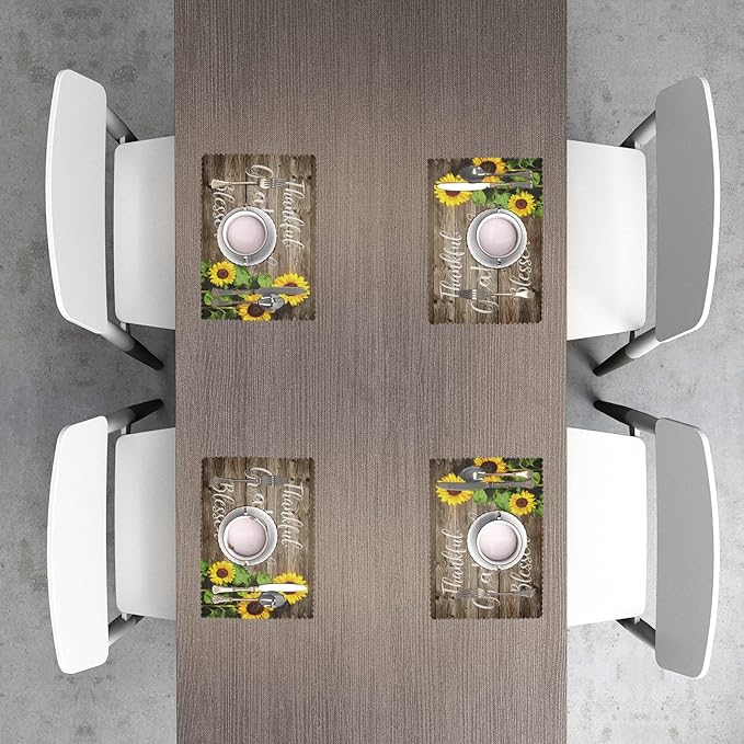 Spring Summer Sunflower Placemats Set of 4 for Dining Table Religious Thankful Grateful Blessed Place Mats Easter Table Mats Washable Cloth Placemats Kitchen Decor 12x18 inch