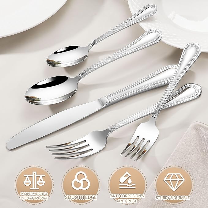 Heavy Duty Silverware Set for 12, 18/10 Stainless Steel, 60 Pieces Silverware Knife Spoon and Fork Set, Dishwasher Safe Flatware Set with Beaded Edge Handle