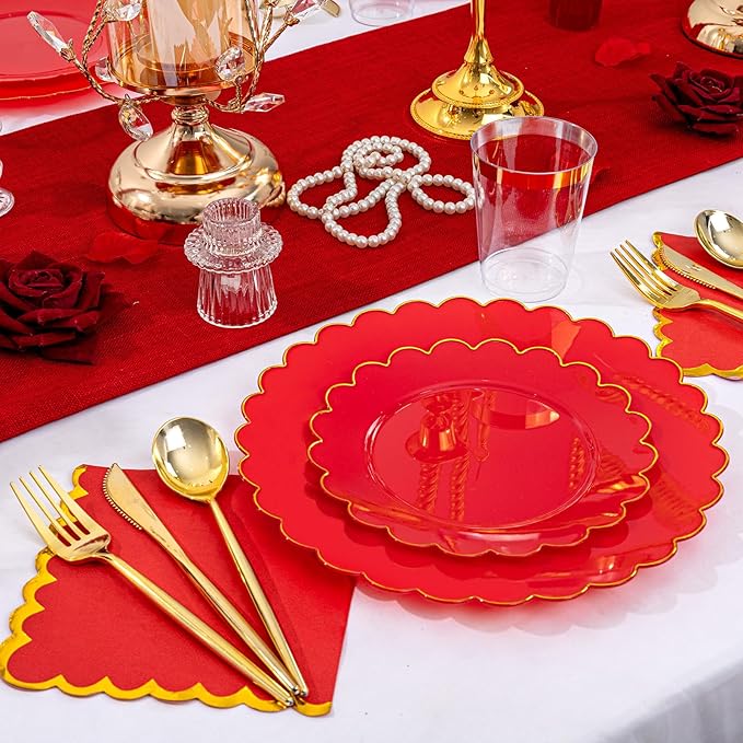 LIYH 210 Pcs Red Plastic Plates - Red Disposable Plates and Napkins Set, Gold Scalloped Plastic Plate Include Dinner & Dessert Plate, Silverware, Cups for Valentine's Day 30 Guests
