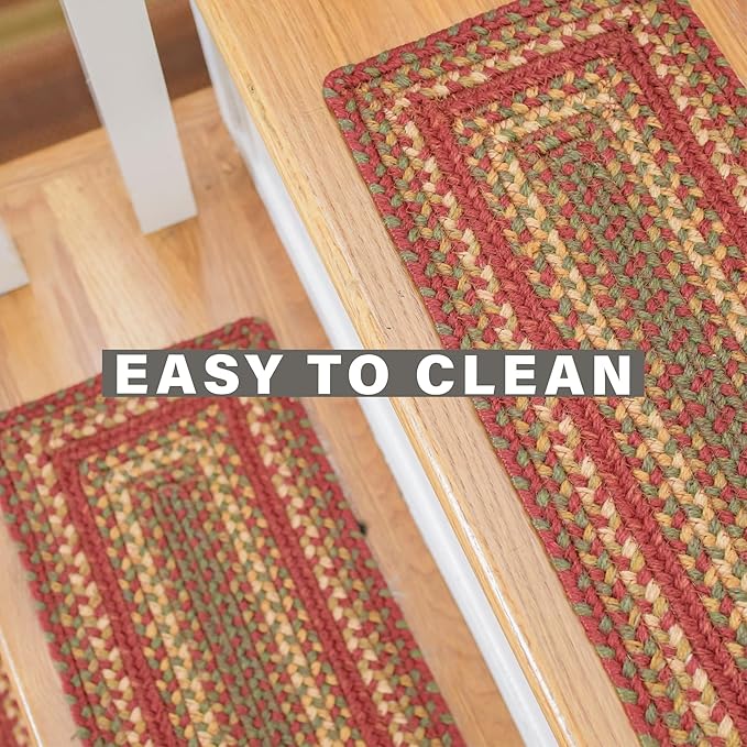 Homespice Cider Barn Jute Braided Stair Treads for Wooden Steps, Country Primitive Decor, Set of 13, Red 8x28 Rectangle Rugs for Stairs - Easy to Clean, Tightly Stitched and Durable