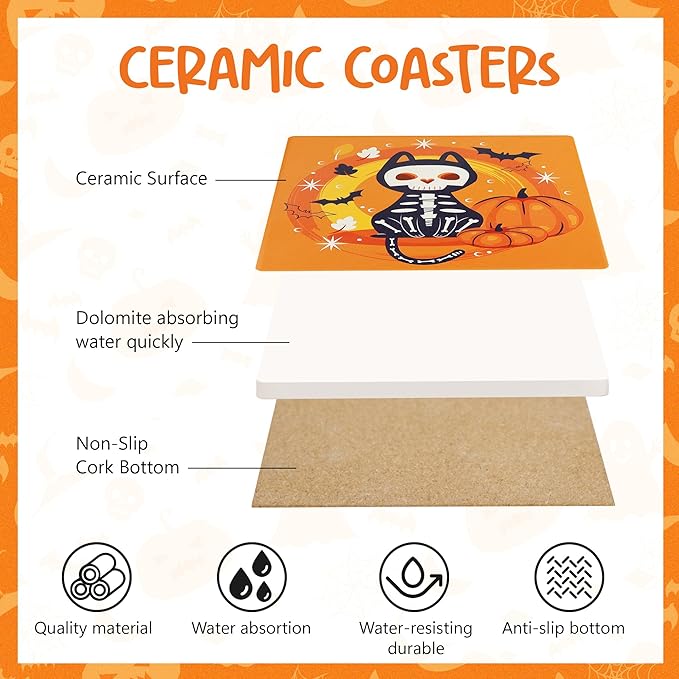 Halloween Coasters Absorbent Ceramic Coaster for Drinks with Black Holder and Cork Base Set of 4, Square Decorative Coffee Table Decor for House Warming Gifts New Home
