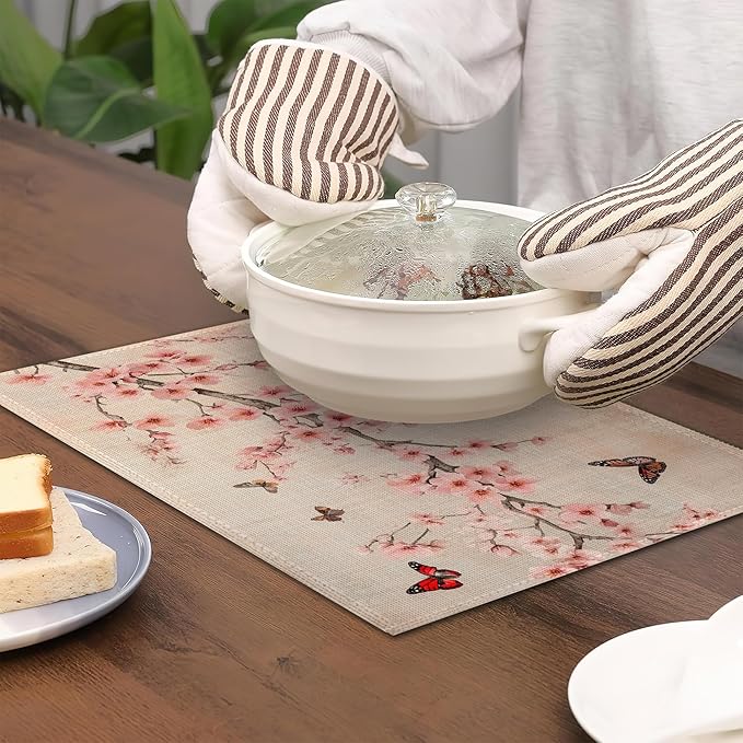 Cherry Blossom Placemats Set of 6,Butterfly Waterproof Non-Slip Washable Table Mats for Kitchen Dining Holiday Party Wedding Decor 12x18 Inch