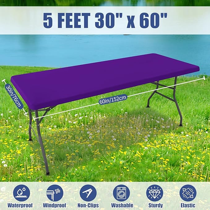 Spandex 5 Foot Rectangle Table Cloth 2 Pack, Elastic Fitted Tablecloths for Picnic, Stretch Washable Patio Table Cover for Outdoor, Camping, Banquet and Parties (Purple, 30"x60")