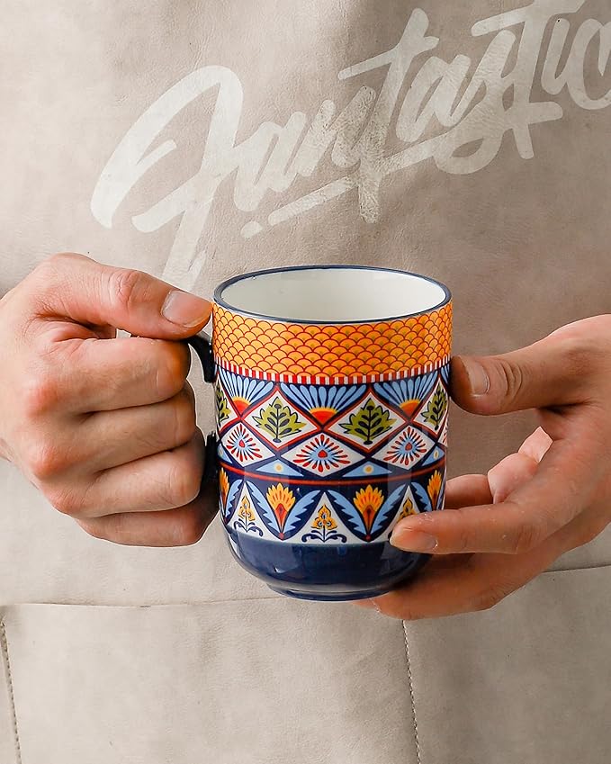 HENXFEN LEAD Boho Ceramic Coffee Mugs Set of 6 – 14 oz Porcelain Cups for Latte, Cappuccino, Tea & Cocoa – Microwave & Dishwasher Safe
