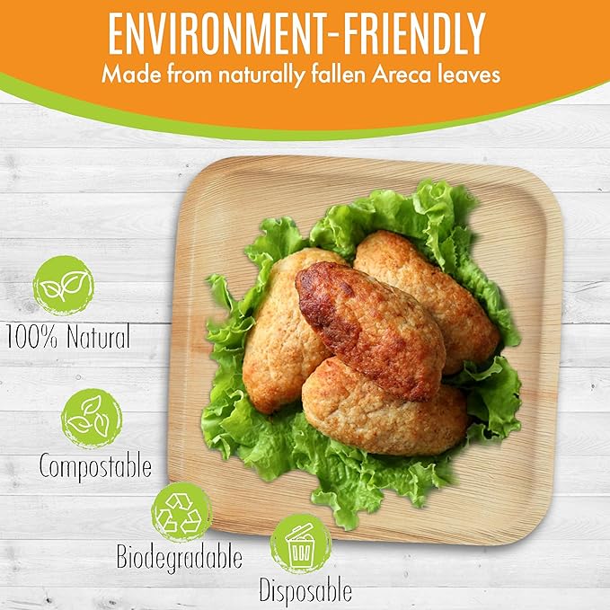 Raj Palm Leaf Plates Bulk [50-Pack] 10" Square Plates (2 CASES - 100 PACK) like Bamboo plates Disposable, Strong, Decorative Compostable Tableware for weddings, Lunch, Dinner, Birthday, Camping