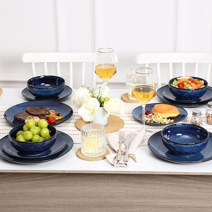 Vicrays 12-Piece Ceramic Dinnerware Set, Dinner Plates, Salad Plates & Cereal Bowls, Dish Set for 4, Microwave, Oven & Dishwasher Safe, Scratch Resistant, Blue