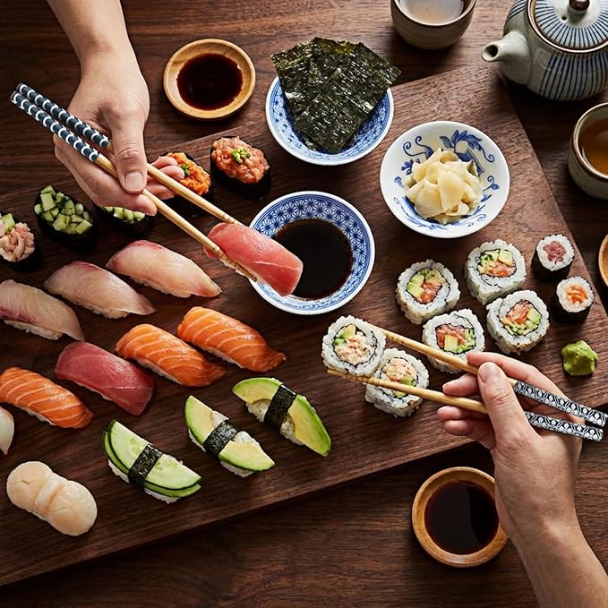 Chopstick & Dish Set, 10 Pairs 8.8 Inch Natural Bamboo Chopsticks and 12 Pcs 3.2 Inch Indigo Ceramic Dipping Bowls, Reusable Bamboo Utensils & Small Dip Plates for Sushi, Home Kitchen, Party