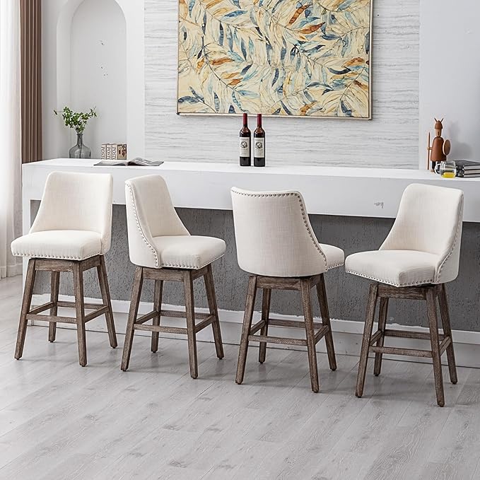 Counter Height Bar Stools Set of 4, Linen Fabric Mid Century Modern Swivel Barstool with Back & Wood Legs Comfy Upholstered Counter Chairs for Home Bar/Dining Room/Restaurant, Cream