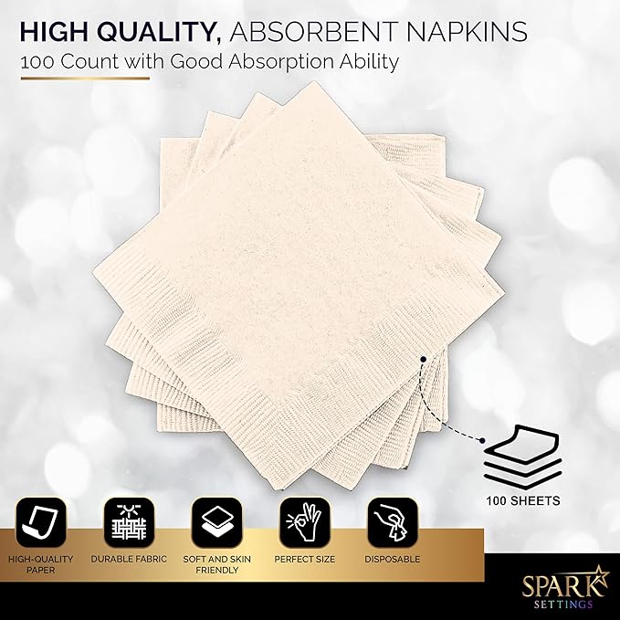 100 Pack Ivory Beverage Napkins, Big Party Pack, 2 Ply, Ideal for Wedding, Party, Birthday, Dinner, Lunch, Cocktails. (5” x 5”) by Amcrate