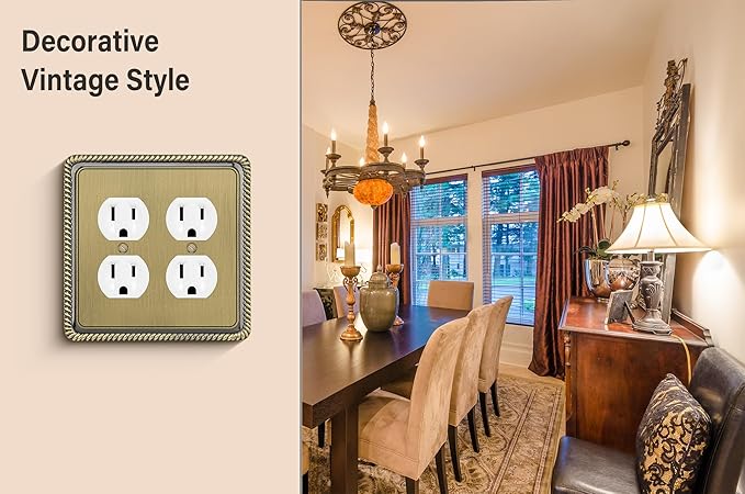 Henne Bery Rope Edge Decorative Wall Plate Switch Plate Outlet Cover (Double Duplex, Antique Brass)