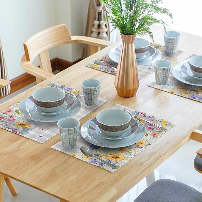 Giwawa Spring Floral Placemats, 12"x18" Summer Flowers Grey Checkered Linen Table Mats Set of 4, Watercolor Wildflower Butterfly Washable Heat Resistance for Seasonal Kitchen Dining Decor