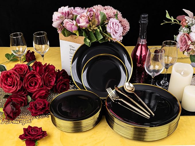 EI 180pcs Black Plastic Plates Black and Gold Disposable Plates Gold Plastic Dinnerware Set Silverware and Cups for Birthday,Wedding,Festival,Party Graduation,Spring Afternoon Tea Business Event
