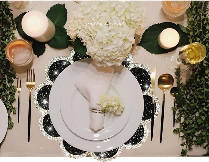 Washable Waterproof Diamond Circle Placemats for Round Tablescape Decor for Dinner and Kitchen Bling Placemats for Weddings & Special Events (Black)-2PCS