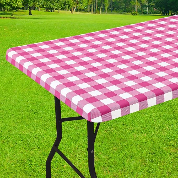 Smiry Rectangle Picnic Table Cloth, Elastic Waterproof Fitted Vinyl Tablecloths, Flannel Backed Buffalo Plaid Table Covers for Dining, Camping, Outdoor (Hot Pink and White, 30" x 72")