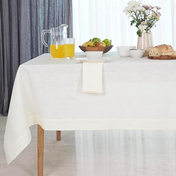 D'Moksha Homes Linen Ivory Tablecloth 60 x 90 Inch - 100% Pure Linen Rectangular Tablecloth - Machine Washable Table Cloth for Valentines, Spring, Easter
