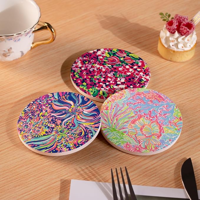 KAMMAK Boho Style Coasters Set of 6 with Cork Base,4in Absorbent Ceramics Art Coaster, Drink Coasters Round Ceramic Table Coasters Set for Decorative, Coffee Cup, Beverage, Wine, Beer, Bar