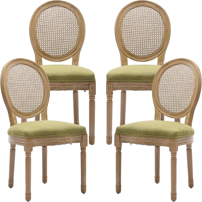 Vintage French Rattan Dining Chairs Set of 4, Round Back Accent Chairs with Rattan Backrest and Upholstered Linen Seat, Solid Frame Wood Sillas de Comedor for Dining Room & Kitchen, Olive Green