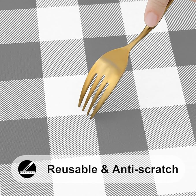 Smiry Rectangle Picnic Table Cloth, Elastic Waterproof Fitted Vinyl Tablecloths, Flannel Backed Buffalo Plaid Table Covers for Dining, Camping, Outdoor (White and Grey, 30" x 72")