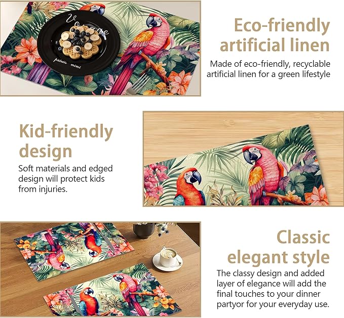 Placemats Set of 6 Tropical Parrot Forest Place Mats Washable Kitchen Dining Linen Table Mats Stain Heat, for Home Party Indoor 12x18 in