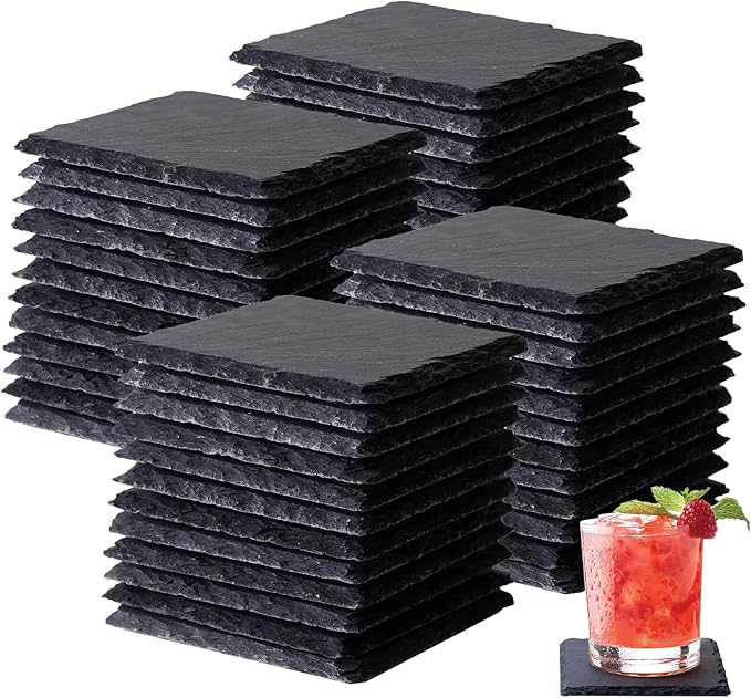 Slate Coasters Set of 48,4-Inch Black Square Stone Drink Coasters with Scratch-Resistant Backing,Durable Tabletop Protection for Home Office Kitchen,Ideal Housewarming Wedding Gifts