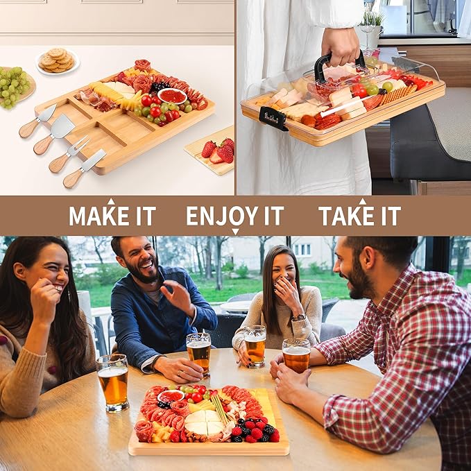 Charcuterie Board with Lid and Handle - Portable Travel Design Bamboo Cheese Board Set with 4 Cheese Tools, Gift for Housewarming, Weddings, Picnics (8 Compartments, Black)
