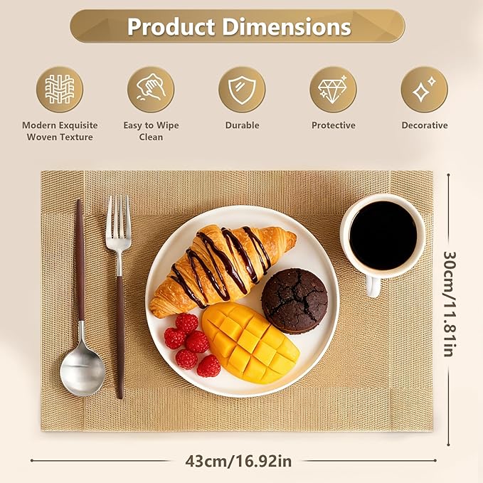 Placemats,Table Place Mats for Kitchen Dining, Heat-Resistant Anti-Skid Stain Washable PVC Table Mats, Easy to Cleaning Woven Vinyl Dinner Mats (Gold, 6 Pack)