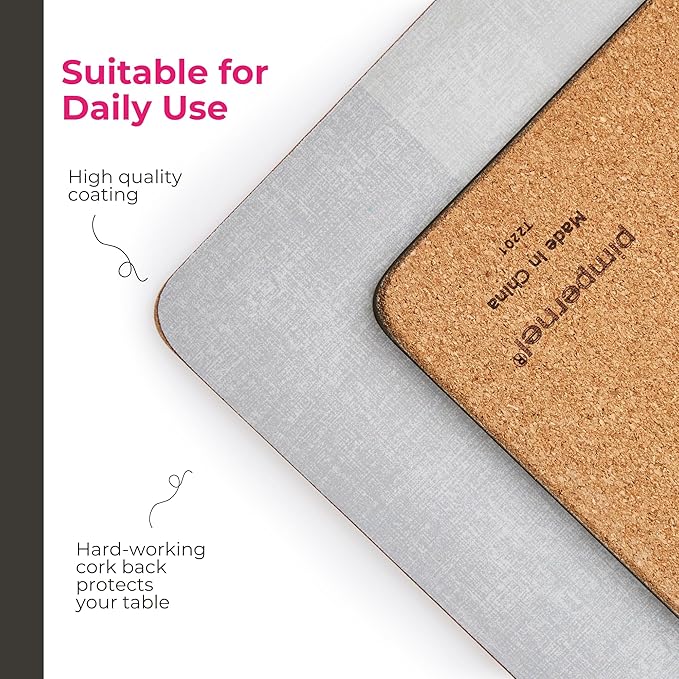 Pimpernel Go Neutral Placemats, Set of 4 – (15.7" x 11.7") Rectangular Table Mats with Sage Grey Minimalist Design, 5mm Cork Backing, Heat & Stain Resistant Lacquer Finish for Dining Décor
