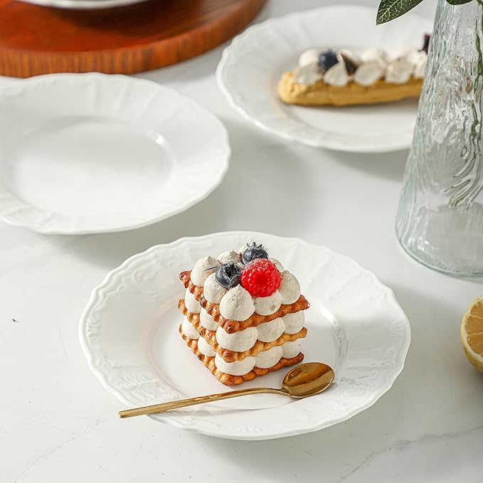 Embossed Ceramic Appetizer & Dessert Plates, 7.5 inch Small Salad Plate, Small White Plates for Cake Waffles Snacks Side Dish, Round Dinnerware Sets, Dishwasher & Microwave Safe - Set of 8