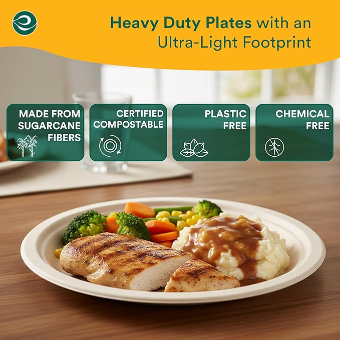 ECO SOUL 100% Compostable 10 Inch Paper Plates 200 [2x100 Pc] Disposable Party Plates I Heavy Duty Eco-Friendly Sturdy Dinner, Wedding, Event Plates I Biodegradable Unbleached Sugarcane Eco Plates