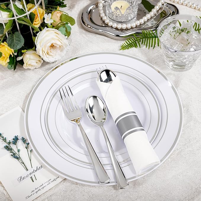 WELLIFE 700 Pcs Silver Plastic Plates for 100 Guests -Party Supplies Includes 200 Silver Plates,300 Plastic Silverware,100 Napkins,100 Cups for Party and Wedding
