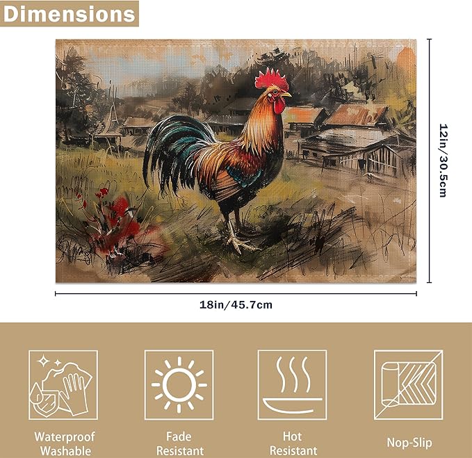 Rooster Placemats Set of 6 Rustic Chicken Sunflowers Wooden Fence Farmhouse Place Mats Washable Kitchen Dining Linen Table Mats, for Home Party Indoor 12x18 in