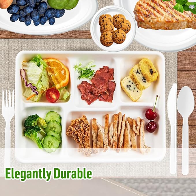 5 Compartment Compostable Heavy Duty Disposable Paper Plates, 300 Count | 10.3" X 8.3" | Natural Bagasse, White Biodegradable Eco-Friendly School Lunch, Buffet, Party Sugarcane Tray