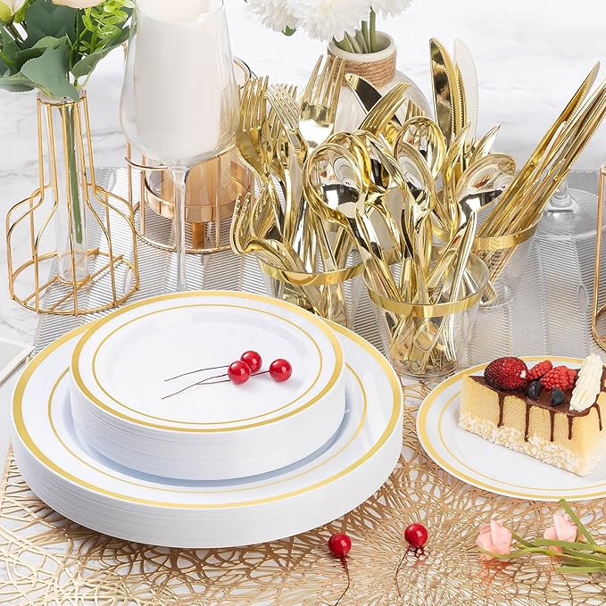 BESTVIP 600PCS Gold Plastic Plate Set (100 Guests), Plastic Plates for Party Wedding Birthday, Disposable Dinnerware Set of 200 Plates, 200 Forks, 100 Spoons, 100 Knives for Christmas
