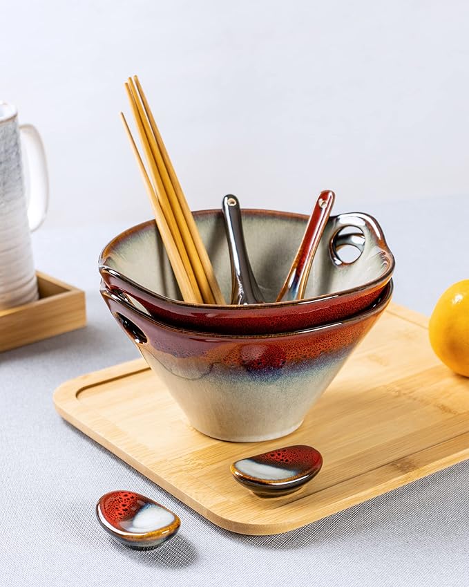 HENXFEN LEAD Japanese Ramen Noodle Bowl Set of 2-30 Oz Large Porcelain Salad Bowls with Chopsticks, Soup Spoons and Rests, Kitchen Serving Dishes for Pho, Udon - Reactive Red