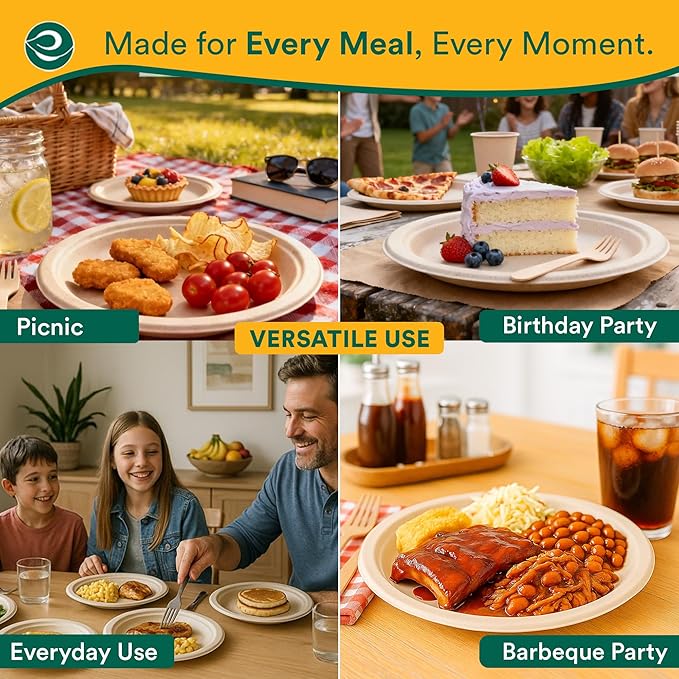 ECO SOUL Compostable Paper Plates 6 Inch (100 Count) Plates for Dessert, Heavy Duty, Eco-Friendly Sugarcane Bagasse Small Plates For Appetizer- Natural Brown