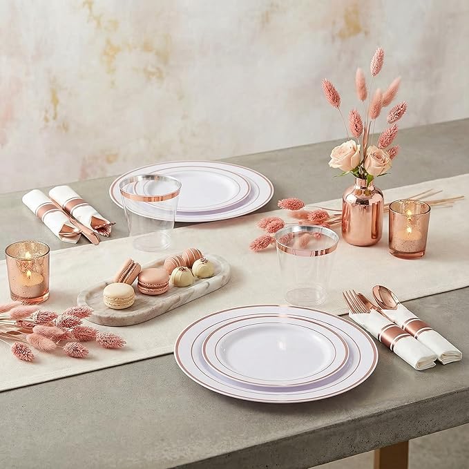 WELLIFE 350Pcs Rose Gold Plastic Plates for 50 Guests - Plastic Dinnerware Set,Party Supplies Includes 100 Rose Gold plates,150 Silverware,50 Napkins,50 Cups for Valentines and Galentines