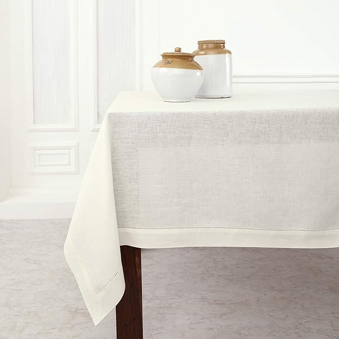 Solino Home Linen Tablecloth 60 x 108 Inch - Classic Hemstitch 100% Pure Linen Ivory Table Cloth for Rectangle Tables - Machine Washable Tablecloth for Spring, Easter