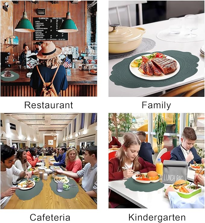 Silicone Placemats Set of 4, Oval Heat Resistant Non-Slip Table Mat, Waterproof Silicone Placemat, Baking Mats, Easy to Clean Table Protector Mat by Siliconty(4, Dark Green)