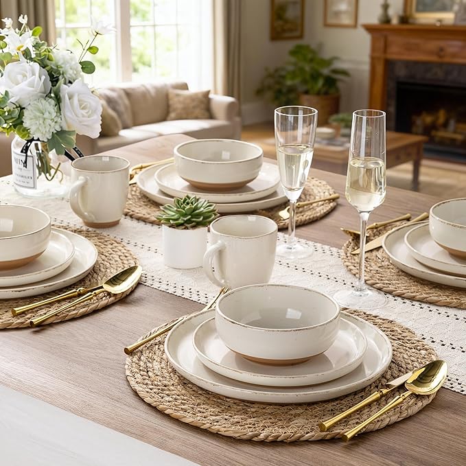 AmorArc Ceramic Dinnerware Sets for 4, 12 Pieces Handpainted Plates and Bowls Set with Rustic Terracotta Underside, Scratch Resistant Stoneware Dishes Set, Dishwasher & Microwave Safe, Beige
