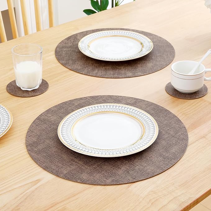Homaxy Round Faux Leather Placemats and Coasters, Washable Dual-Side Table Mats, Wipeable Heat-Resistant Dining Place Mats for Outdoor and Indoor, Set of 6, Diameter 13 and 3.93 inch, Dark Brown