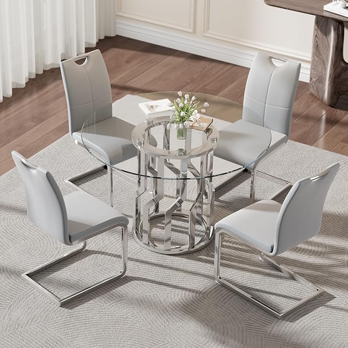 38.9" Round Glass Dining Table Set for 4, Modern 5 Piece Kitchen Table Set with Silver Stainless Steel Base & 4 PU Leather Accent Chairs, Saving Space, Dining Set for Apartment, Home - Grey Chair
