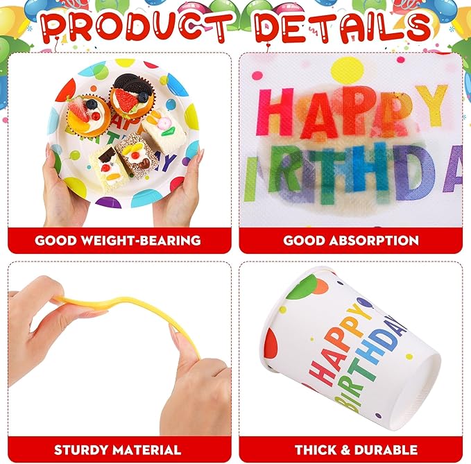 Kochorie 400 Pieces Happy Birthday Party Decorations Including Disposable Paper Plates Cups Napkins Tableware Sets Serves 50 for Birthday Party Supplies