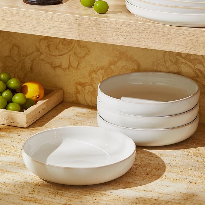 Junko Pasta Bowls Set of 4, 8.3 inch with High Edge Dish Set-Microwave and Dishwasher Safe, Scratch Resistant, Modern Dinnerware- Bowls for Kitchen. Perfect as Salad Bowls (Snow)