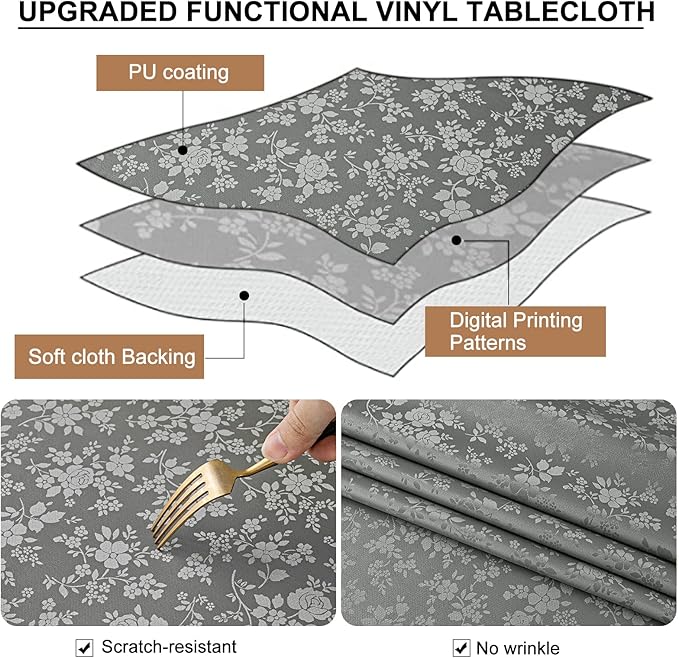 Smiry Rectangle Table Cloth, Waterproof Heavy Duty Vinyl Tablecloths, Wipeable Washable Table Cover for Kitchen and Dining Room (Grey, 70" X 90")