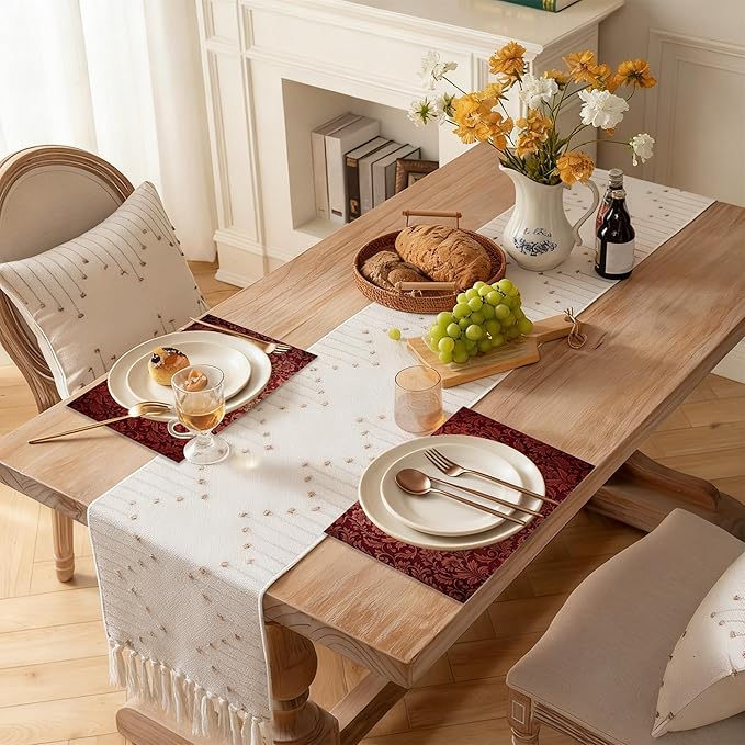 Luxury Jacquard Placemats Set of 6, Red Ethnic Bohemian Waterproof Linen Fabric, Non-Slip Backing & Easy Clean, Elegant Dining Table Protectors for Family and Guests