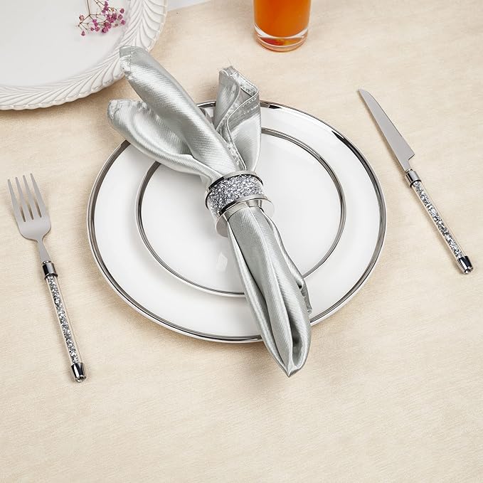 SHYFOY Silver Diamond Napkin Ring Glass Framed, Crystal Dinning Cloth Rings Set of 4 Piece, Glam Serviette Buckle Cloth Holder Sparkle Bling Crushed Diamond Table Decor Accessories